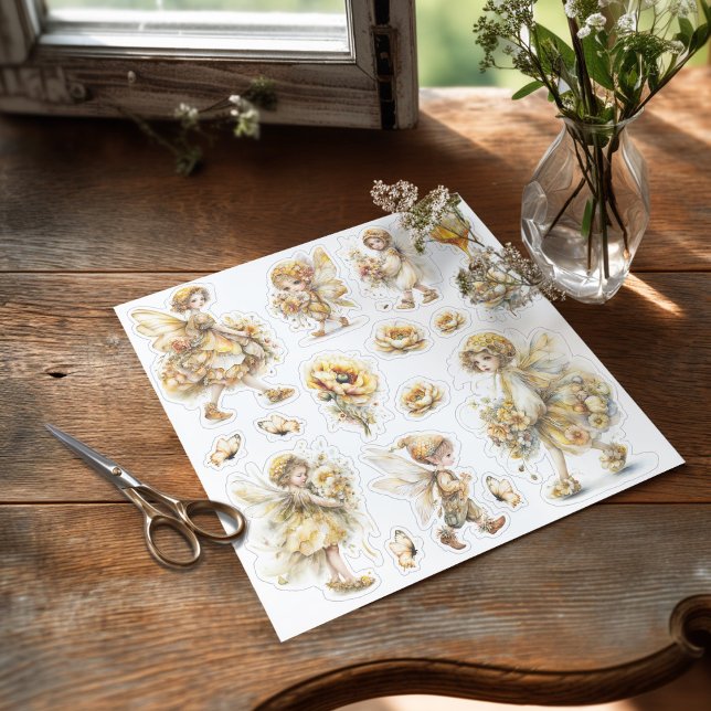 Goldene Honigfee Welt – Blumen tragend Aufkleber (Sticker on the table ready to be used)