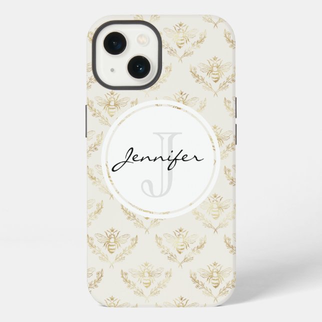 Goldene Hummel mit Kronenmuster-Monogramm iPhone Hülle (Rückseite)