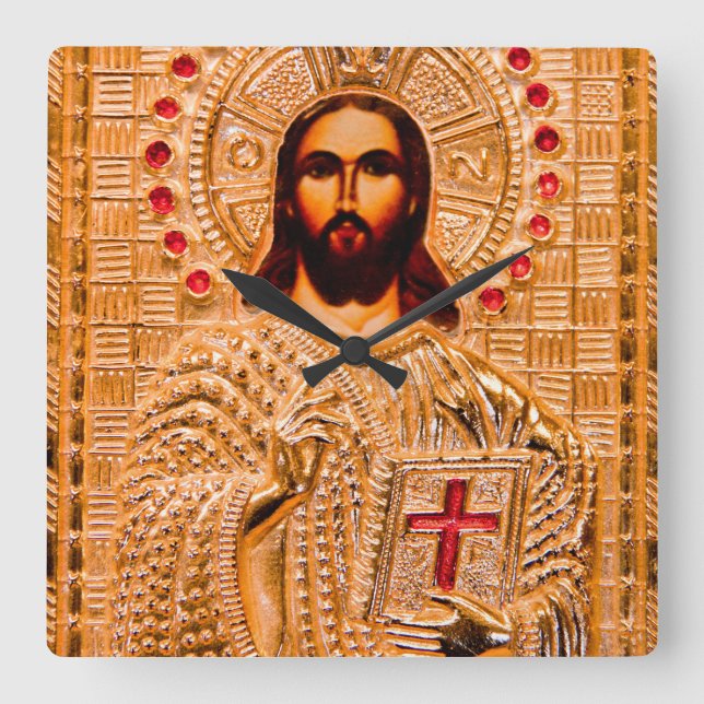 Goldene Ikone des Jesus Christus Quadratische Wanduhr (Vorderseite)
