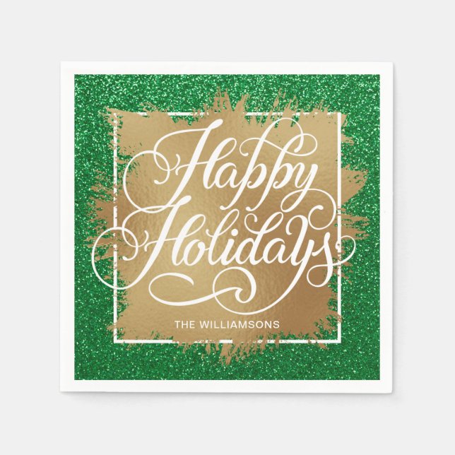 Goldene Imitate Foil Happy Holidays on Green Glitz Serviette (Vorderseite)