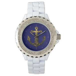 Goldene Imitate funkeln Glitzer Anchor Marineblau Armbanduhr