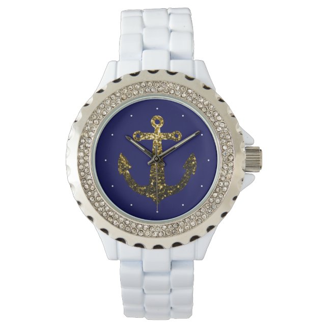 Goldene Imitate funkeln Glitzer Anchor Marineblau Armbanduhr (Vorderseite)