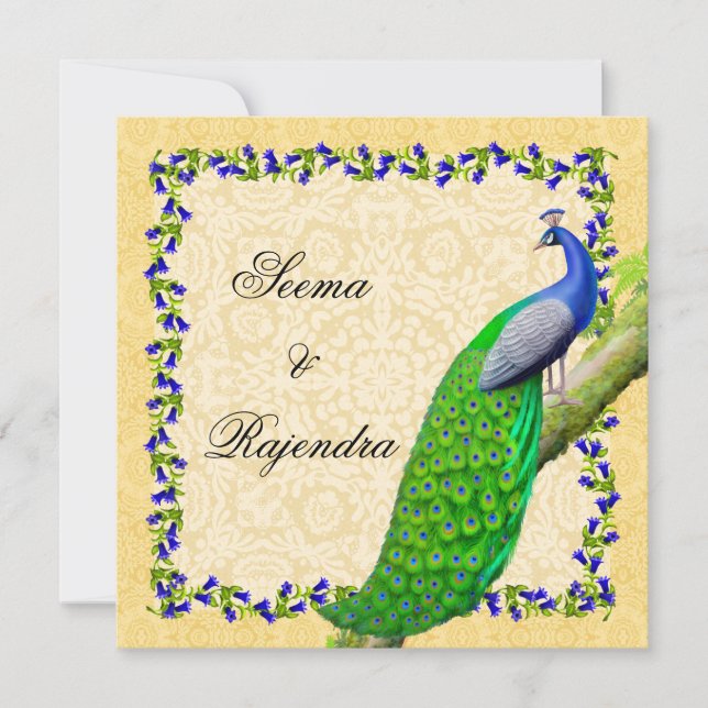 Goldene Indische Pfauenhochzeit Einladung (Vorderseite)