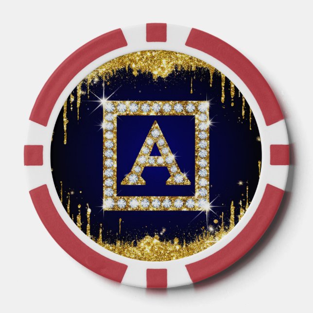 Goldene Initiale A mit blauem Glitter-Monogramm Pokerchips (Vorderseite)