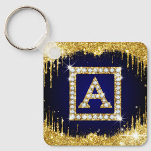 Goldene Initiale A mit blauem Glitter-Monogramm Schlüsselanhänger