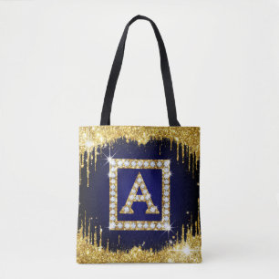 Goldene Initiale A mit blauem Glitter-Monogramm Tasche