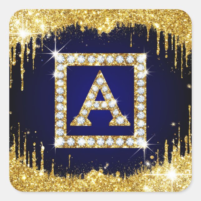 Goldene Initiale A Mit Blauem Glitter Quadratischer Aufkleber (Vorderseite)