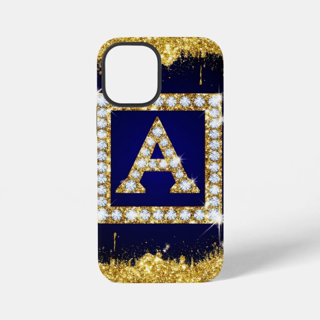Goldene Initiale A mit blauem Glitterdruck iPhone 12 Mini Hülle (Rückseite)