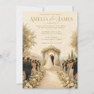 Goldene italienische Villa-Malerei Hochzeitseinlad Einladung
