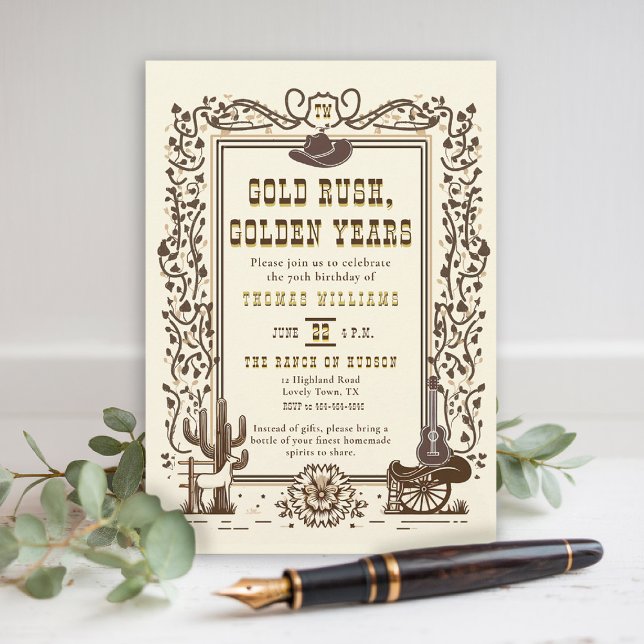 Goldene Jahre Goldener Western Vintag Geburtstag Einladung (men birthday party invitation golden year senior western old west country cowboy rustic botanical)