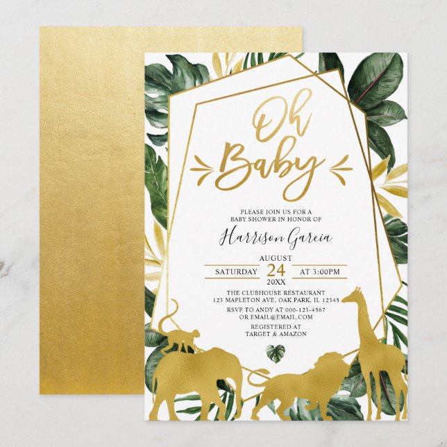 Goldene Jungle-Tiere Baby-Dusche Einladung (Vorne/Hinten)