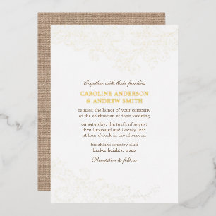 Goldene Jute und Spitze Rustikale Glamour-Hochzeit Folieneinladung