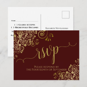 Goldene Kalligrafie Auburnbraune Hochzeits-RSVP Postkarte