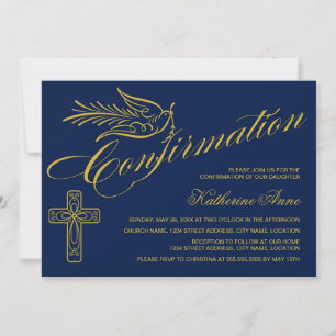Goldene Kalligrafie-Konfirmationskreuz und -taube Einladung