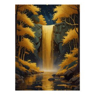 Goldene Kaskade im schimmernden Wald Poster