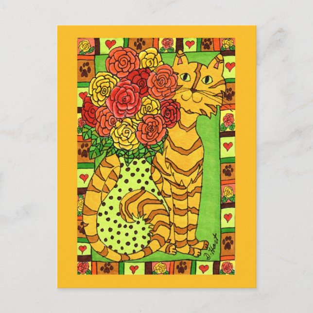 Goldene Katze mit Rose Postkarte (Vorderseite)