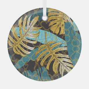 Goldene Kettenvorhang, tropische Blätter. Ornament Aus Glas