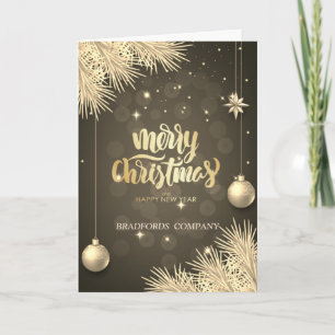 Goldene Kiefernbäume Zweige, Kugeln, Weihnachtsunt Feiertagskarte