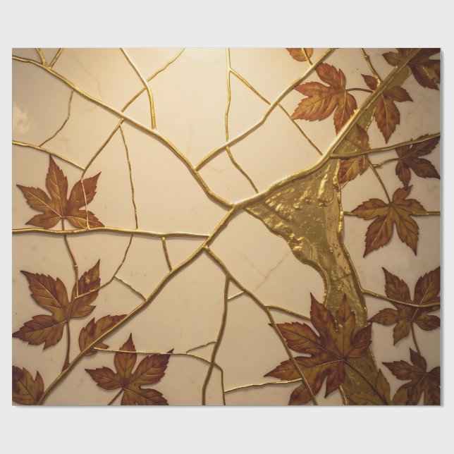 Goldene Kintsugi-Herbstblätter Marmor  Geschenkpapier (Flach)