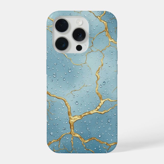 Goldene Kintsugi-Risse auf blauen Wassertropfen iPhone 15 Pro Hülle (Rückseite)