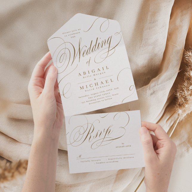 Goldene klassische Kalligrafie-Hochzeit All In One Einladung (Gold elegant classic calligraphy vintage wedding all in one invitation)
