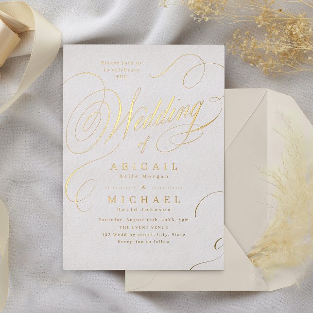 Goldene klassische Kalligrafie-Hochzeit Folieneinladung (Gold elegant classic calligraphy vintage wedding foil invitation)