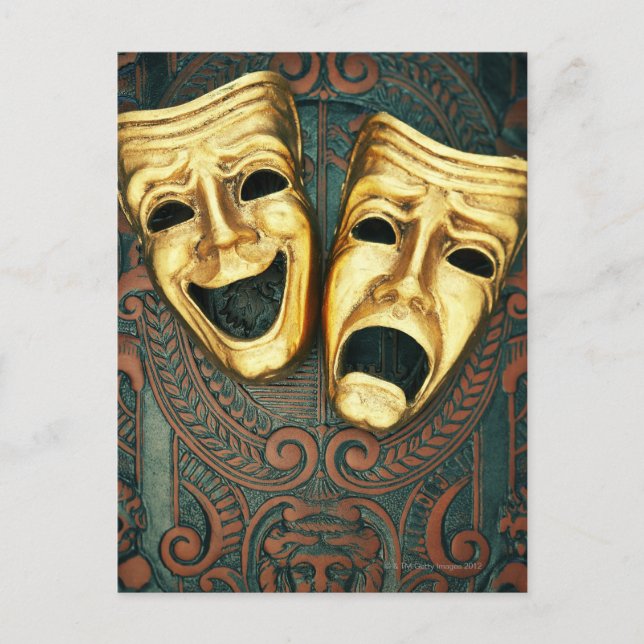 Goldene Komödie und Tragödien auf gemusterten Postkarte (Vorderseite)