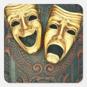Goldene Komödien- und Tragödiemasken auf Quadratischer Aufkleber