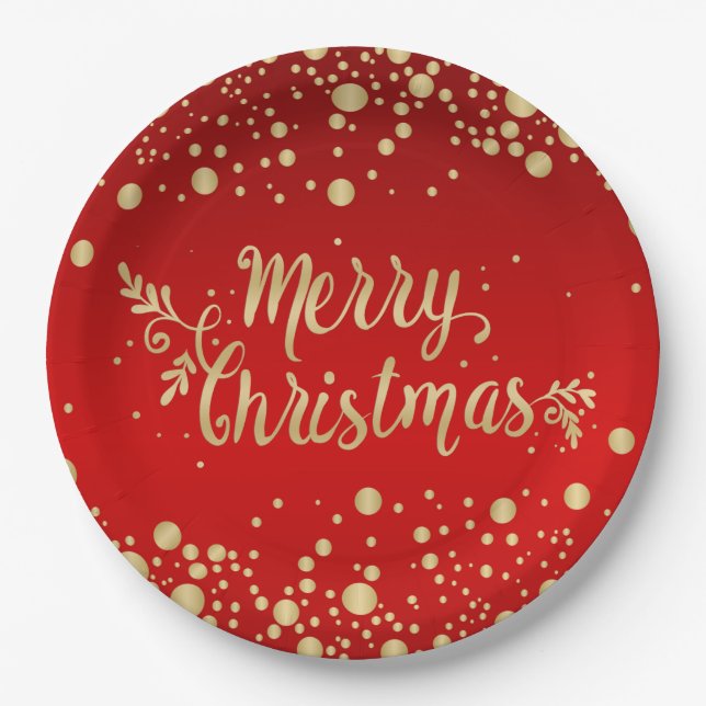 Goldene Konfetti auf rot Frohe Weihnachten Pappteller (Vorderseite)