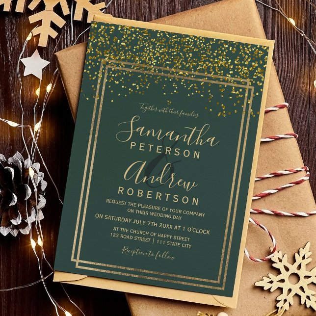 Goldene Konfetti-Hochzeit Einladung (Chic gold confetti green border wedding invitation)