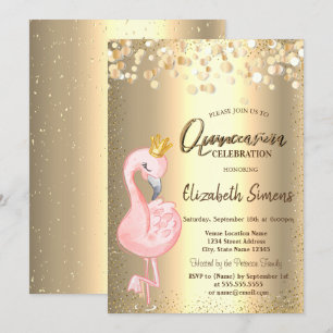 Goldene Konfetti-Punkte, Rosa Flamingo Krone Quinc Einladung
