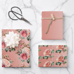 Goldene Konfetti Rosa Rosen Floral Junggesellinnen Geschenkpapier Set