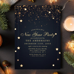 Goldene Konfetti-Sterne Navy Blau Neujahrsparty Einladung
