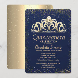 Goldene Konfetti-Tiara Navyblau Quinceañera Einladung