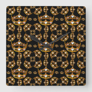 Goldene Königinnen Krone Tiara schwarze Quadrat Uh Quadratische Wanduhr