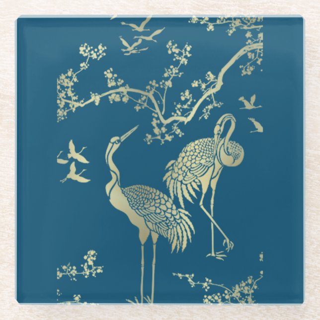 Goldene Krane Kunst, Blauer Hintergrund Glasuntersetzer (Vorderseite)