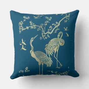 Goldene Krane Kunst, Blauer Hintergrund Kissen
