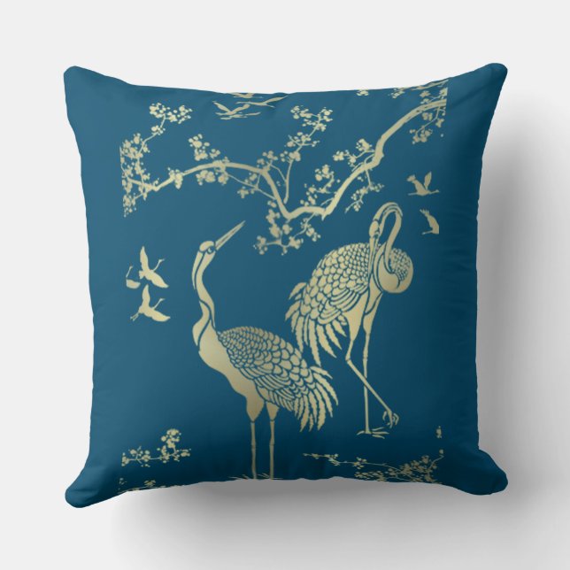 Goldene Krane Kunst, Blauer Hintergrund Kissen (Rückseite)