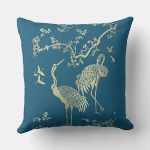 Goldene Krane Kunst, Blauer Hintergrund Kissen
