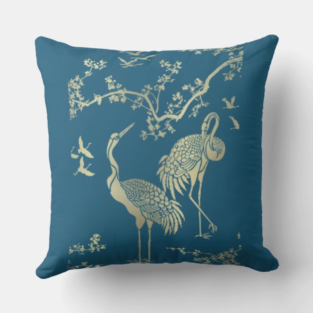 Goldene Krane Kunst, Blauer Hintergrund Kissen (Rückseite)