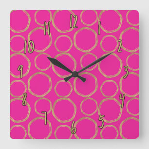 Goldene Kreise und Hot Pink moderner trendiger Chi Quadratische Wanduhr