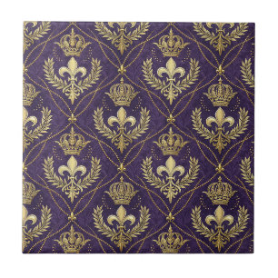 Goldene Krone Fleur-de-lis Regales Lila Muster Kun Fliese