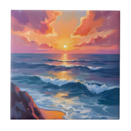 Goldene Küste | Ozean Sonnenuntergang Aquarellmale Fliese