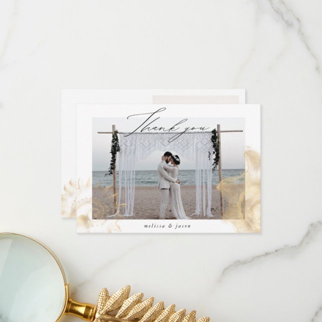 Goldene Küste Zwei Foto Hochzeit Dankeskarte (Vorderseite/Rückseite Beispiel)