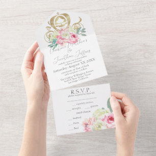 Goldene Kutsche und rosa Blumen Märchenhochzeit All In One Einladung