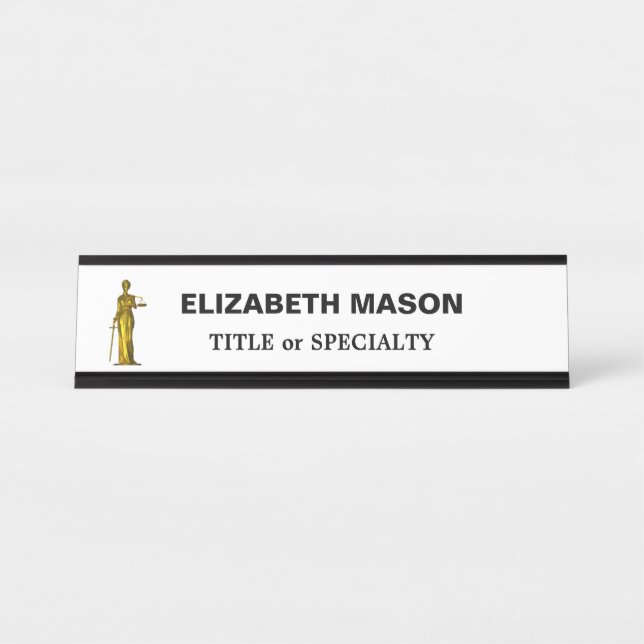 Goldene Lady Justice auf Weiß Schreibtischnamensplakette (Vorderseite )