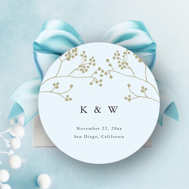Goldene Landschaft Eros Bendato Runder Aufkleber (winter greenery wedding sticker favors envelope seals elegant modern classic ice blue gold monograms)
