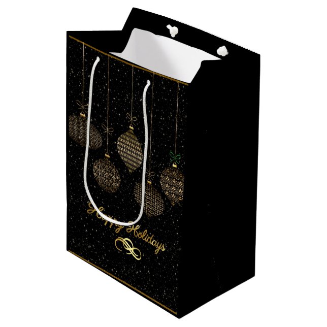 goldene Laternen und Staub über schwarzem Hintergr Mittlere Geschenktüte (Vorderseite Schrägansicht)