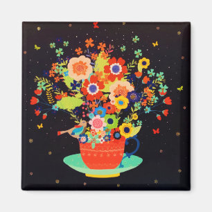 Goldene Launische Teetasse Blumen Vogel Glitter Magnet