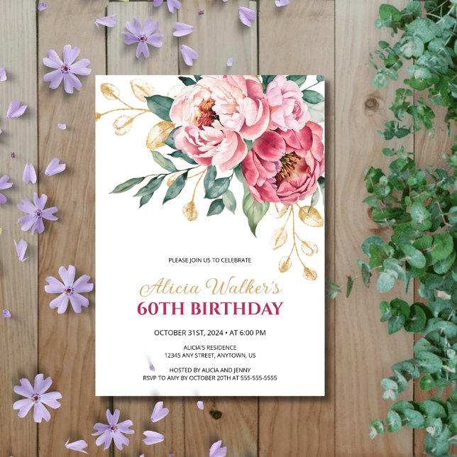 Goldene Leaf Grüne Rosa Pink Peony Birthday Einladung (Von Creator hochgeladen)